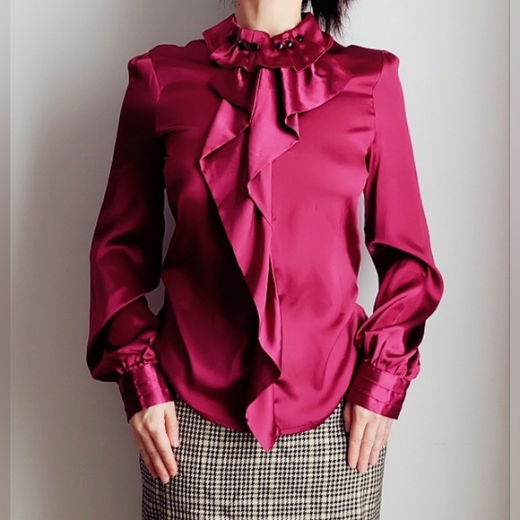 Vintage Satin Ruffle Neck Blouse - Deep Berry, Fits like S to M - Picture 4 of 6